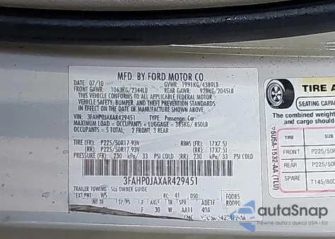 2010 Ford Fusion Sel из США, поврежденный, VIN 3FAHP0JAXAR429451
